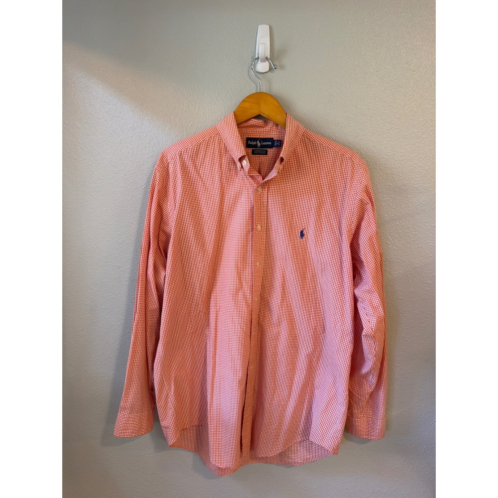 Ralph Lauren Yarmouth Shirt Mens 16 34/35 Orange Gingham Cotton Button Down Prep